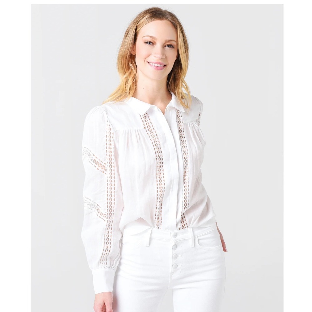 FRAME Blanc Ramie Lace Inset Blouse White Long Sleeve Top XS